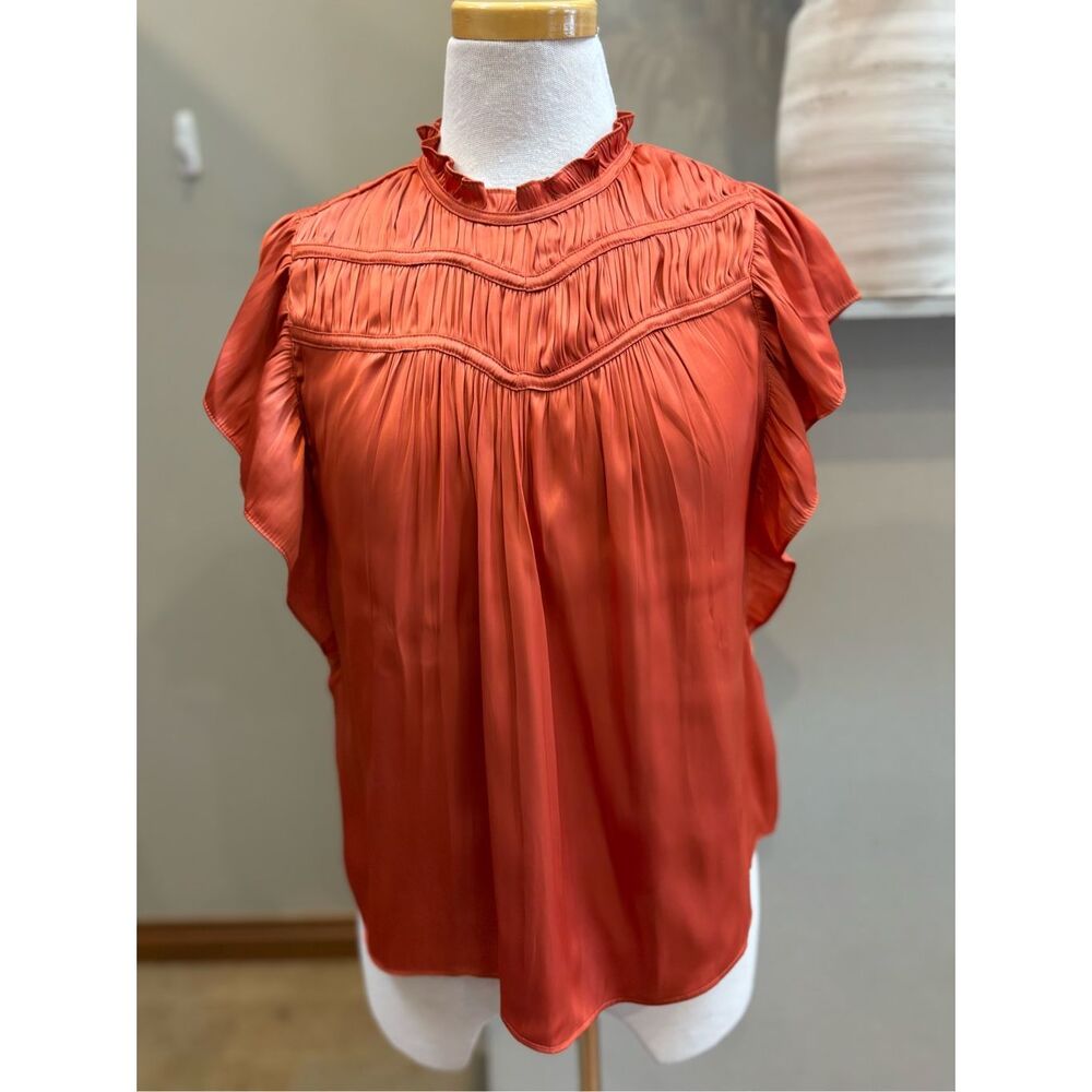 Joie S NWT rust ruffle sleeve high neck polyester silk look dress shirt